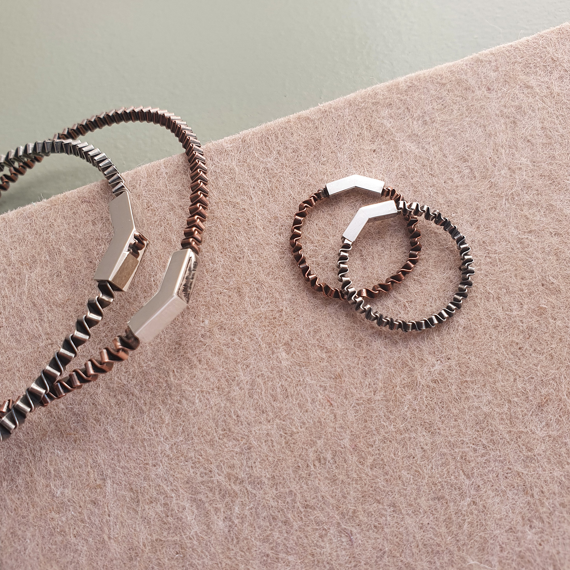 ZAZZ – contemporary jewellery range inspired by the humble paper spring. Sterling silver, copper