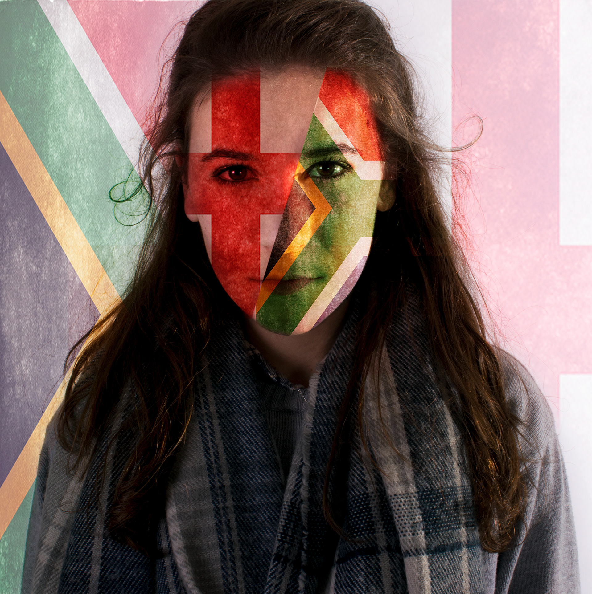 Forever Changed - We all have a national identity, a country we live in, whose culture and certain ways of thinking and doing things create our cultural identity. To many, my identity is English, both my parents are from England and I have lived most of my life here, I therefore have a very English national and cultural identity. However, I also spent 7 years living in South Africa, surrounded by ‘the rainbow nation’, this added to and changed my identity, I even lost my English accent, in a sense changing my vocal identity. When I came back to England I didn’t lose all of my ‘South African’ identity. My time in Africa had a huge impact on me and this is what I wanted to display in this image. I wanted to show how even though I am English, a little bit of Africa will always remain with me and is a huge part of who I am.