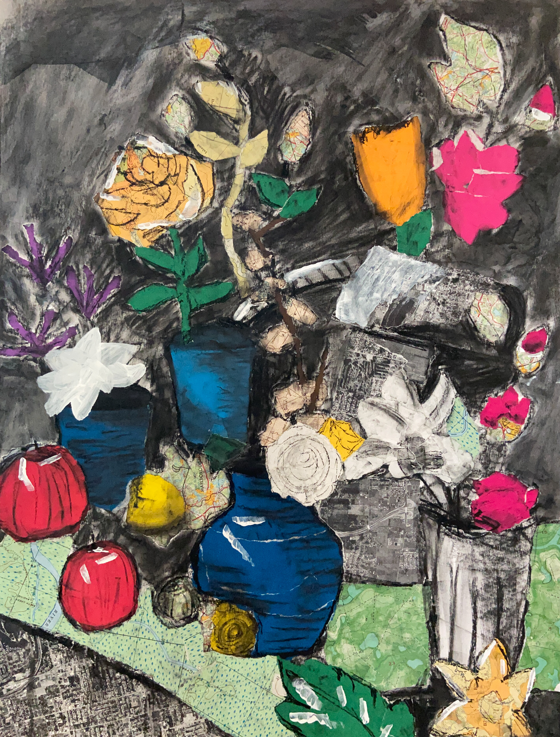 Mixed Media Collage Flower Abstraction Still Life