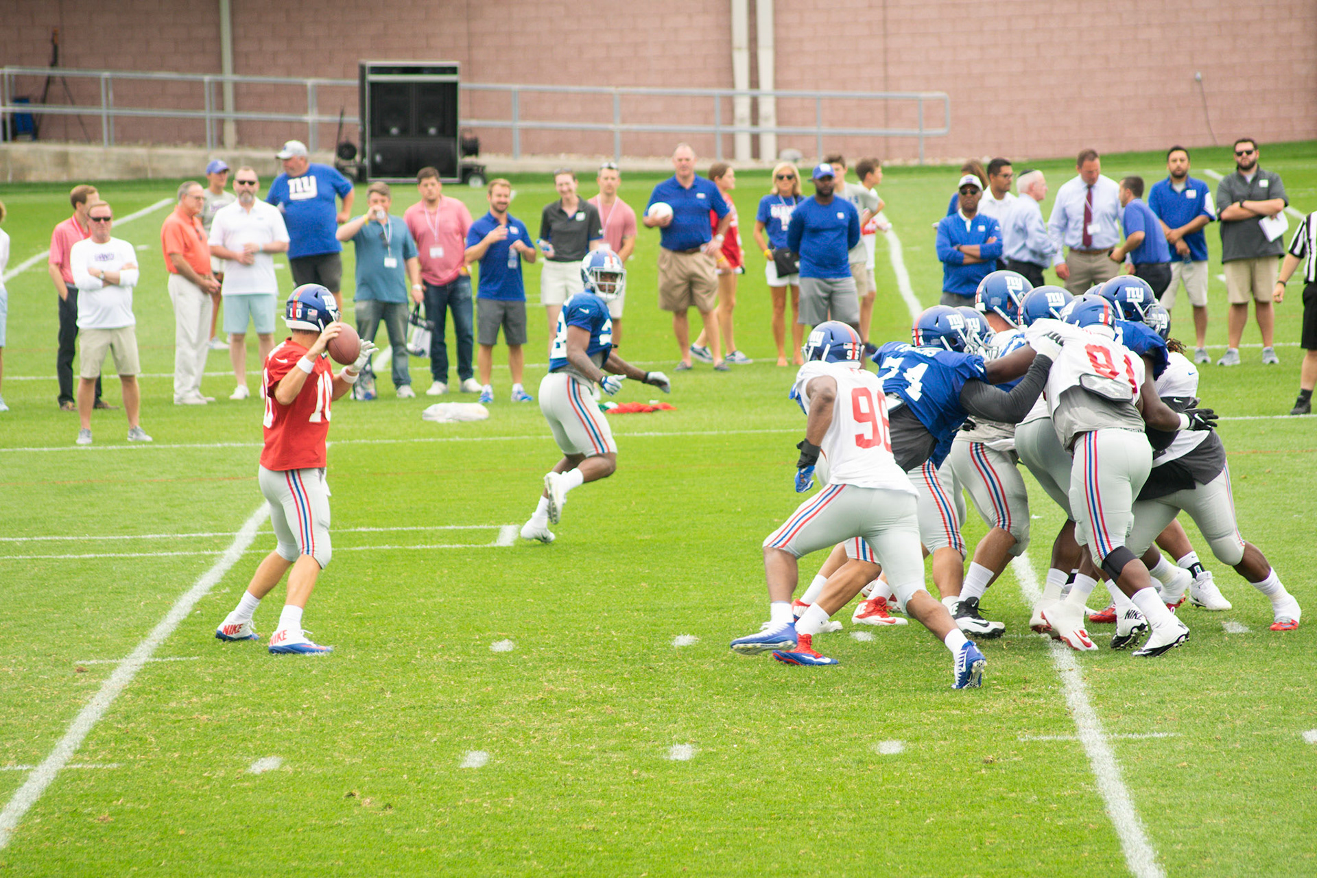There was a different reaction later in practice when linebacker Olivier Vernon wrapped up running back Wayne Gallman Jr. and slammed him to the ground. Gallman took exception and then teammates on both sides of the ball got involved, resulting in a small fracas that carried into the sideline. It was quickly broken up and no one was hurt. There's always a dust-up or two during camp after there's a lot of hitting on the practice field. No one should take it too seriously.