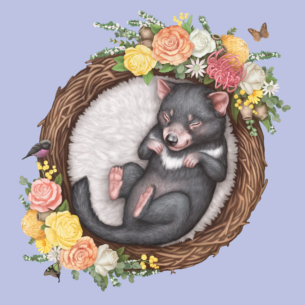 Cute digital artwork of a sleeping Tasmanian devil pup nestled in native Australian flowers, part of a collectible series.