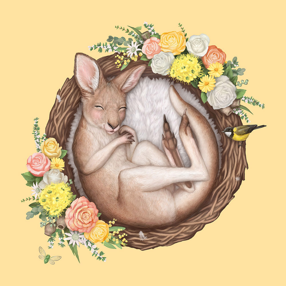 Digital illustration of a baby kangaroo curled up in a floral nest with native birds and insects, Australian wildlife art.