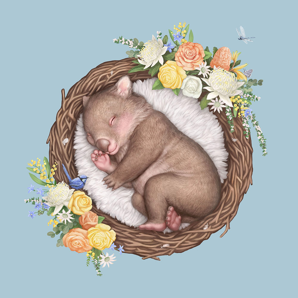 Custom illustration of a sleeping baby wombat resting in a bed of native Australian flowers, with whimsical floral details.