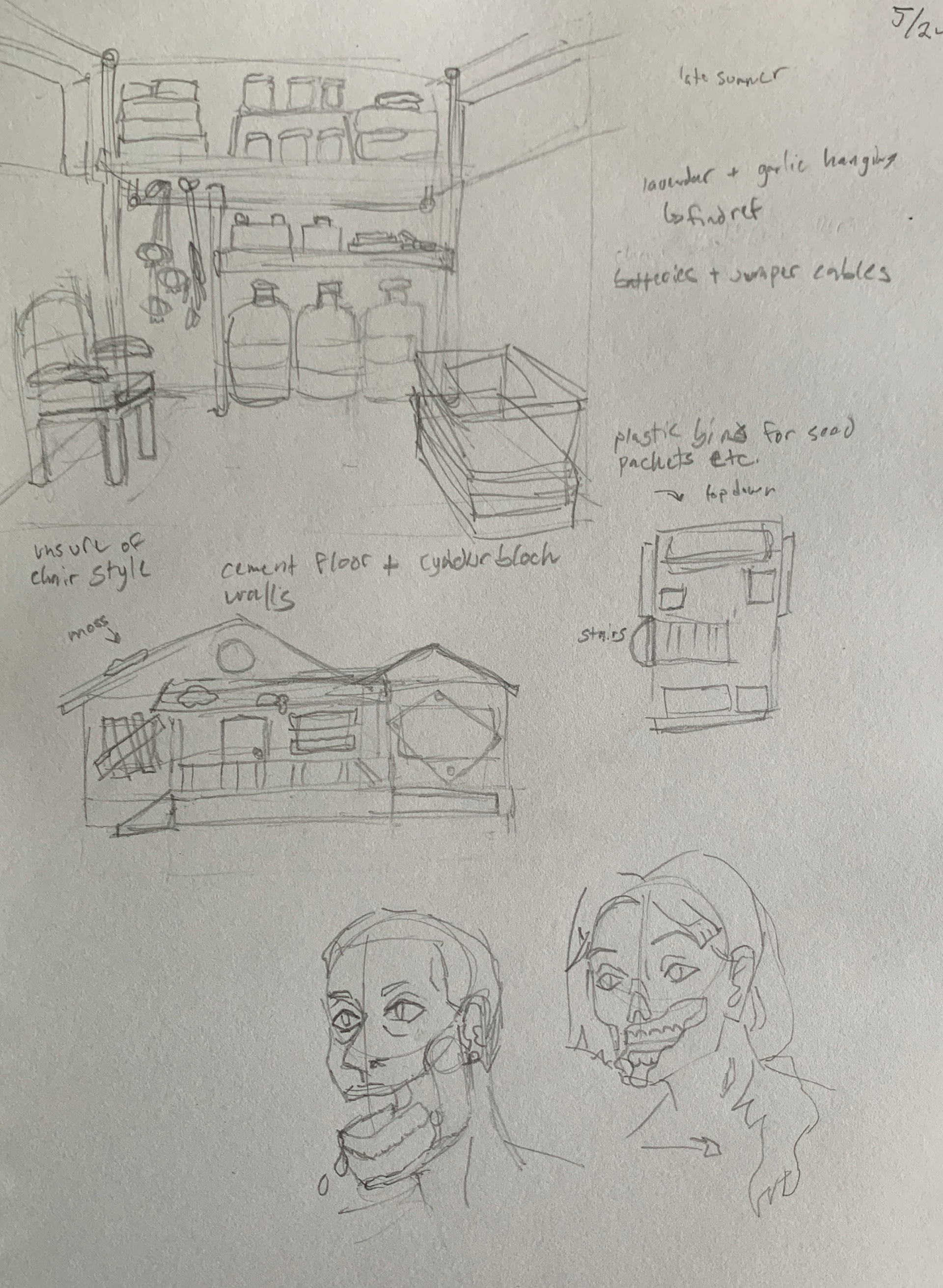 Interior Basement, Front View of House, and Initial Zombie Concepts