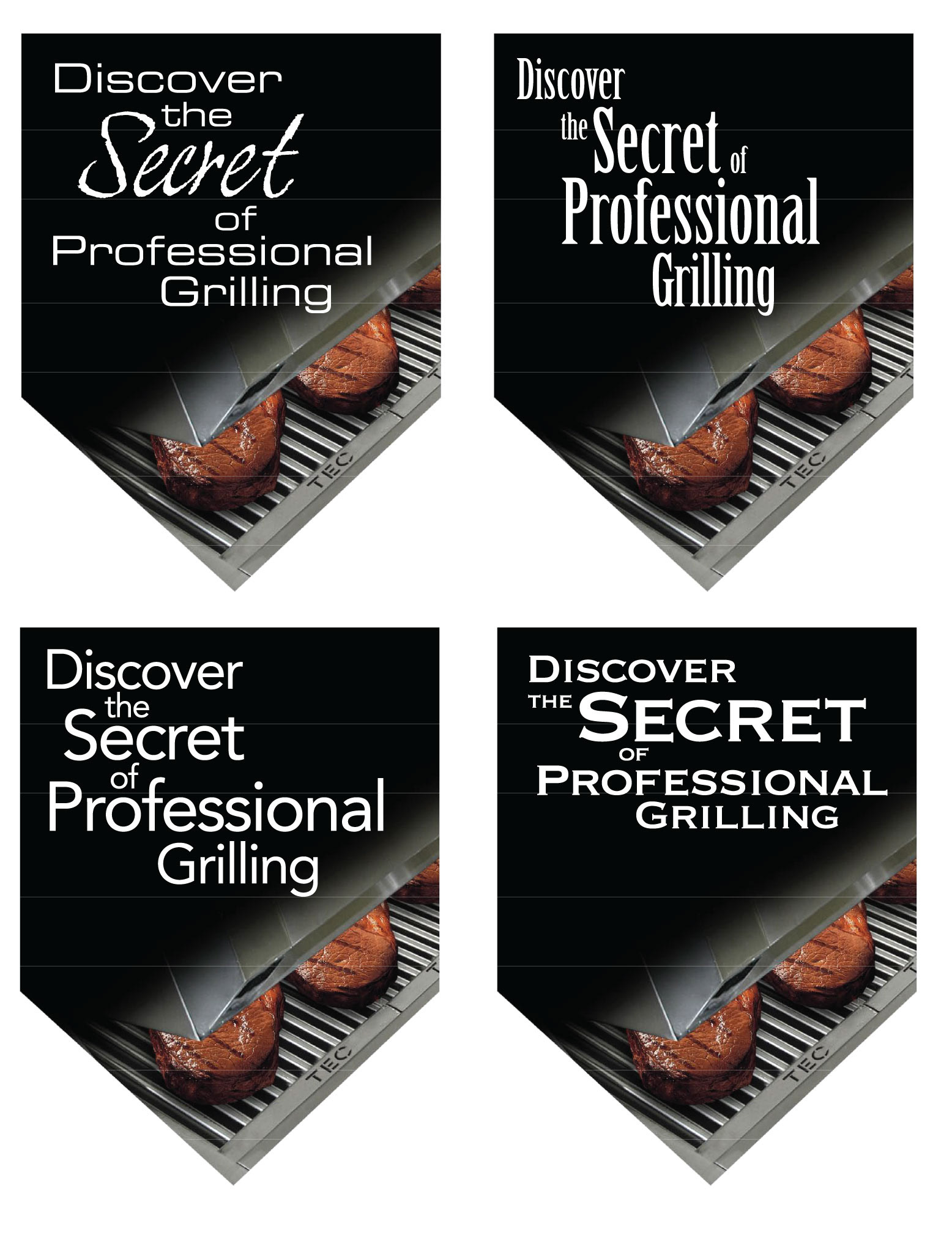 First round of concept art for point of purchase "Discover the secret of professional grilling"