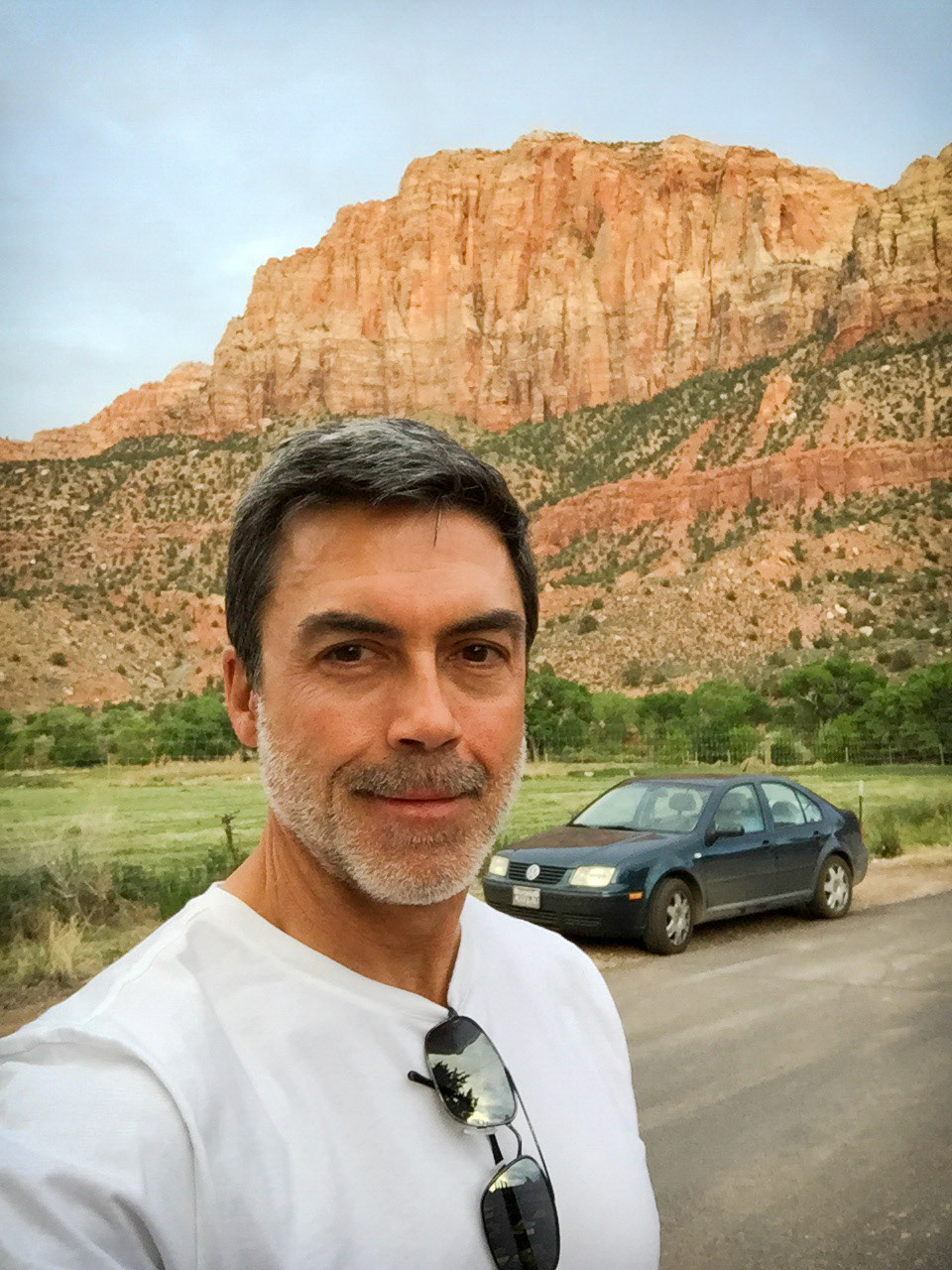 Outside Zion with my obligatory road-trip beard &amp; trusty Jetta which will retire later this year...