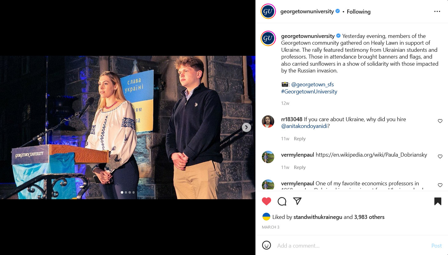 The Georgetown University Instagram account featured my photos  of the rally in support of Ukraine I helped organize, receiving almost 4,000 likes.
