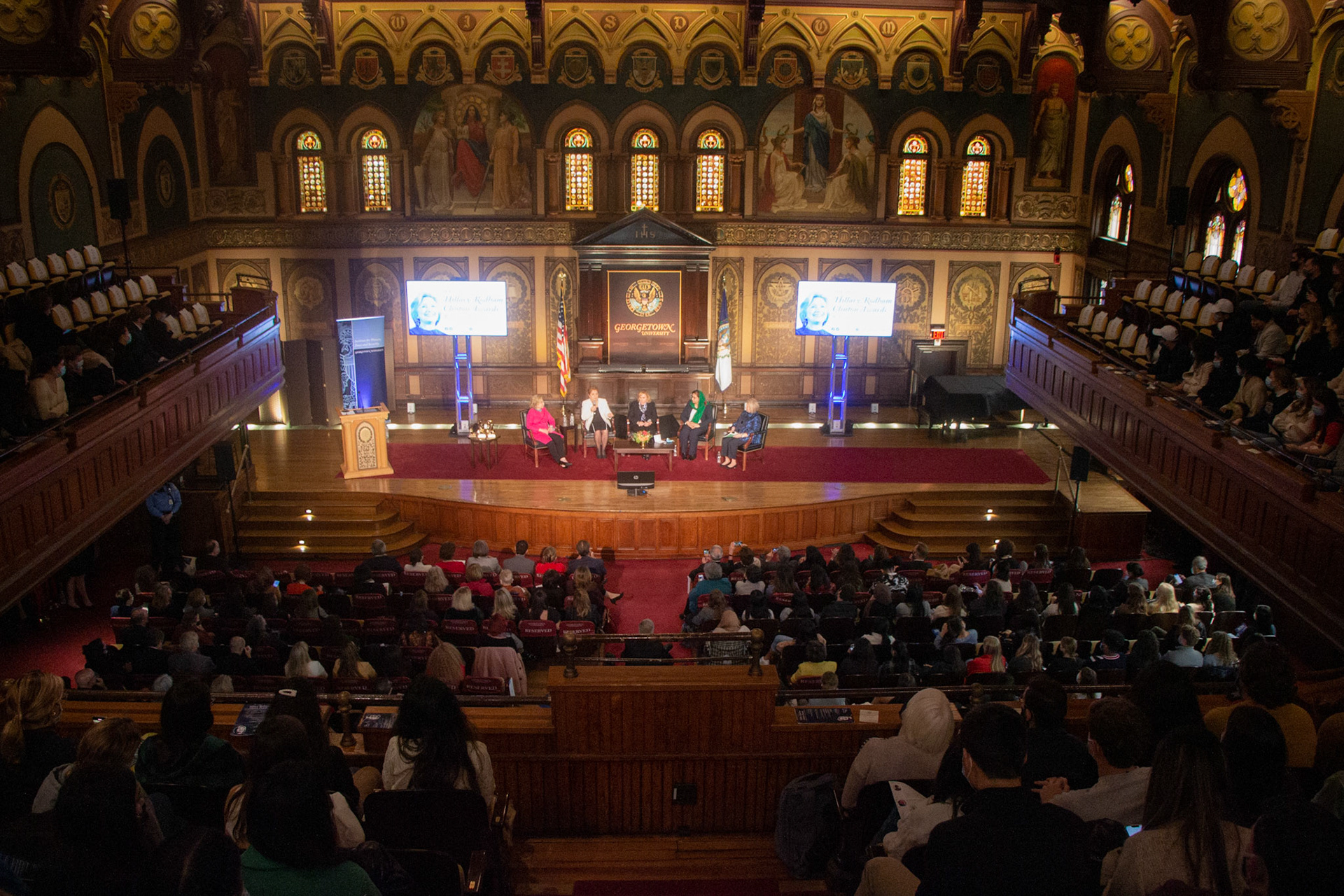 Hillary Clinton visited Georgetown University to award six women who had made contributions towards women's rights. The ceremony took place in the historic Gaston Hall. Taken as part of my job at the Georgetown University School of Foreign Service's communications office.