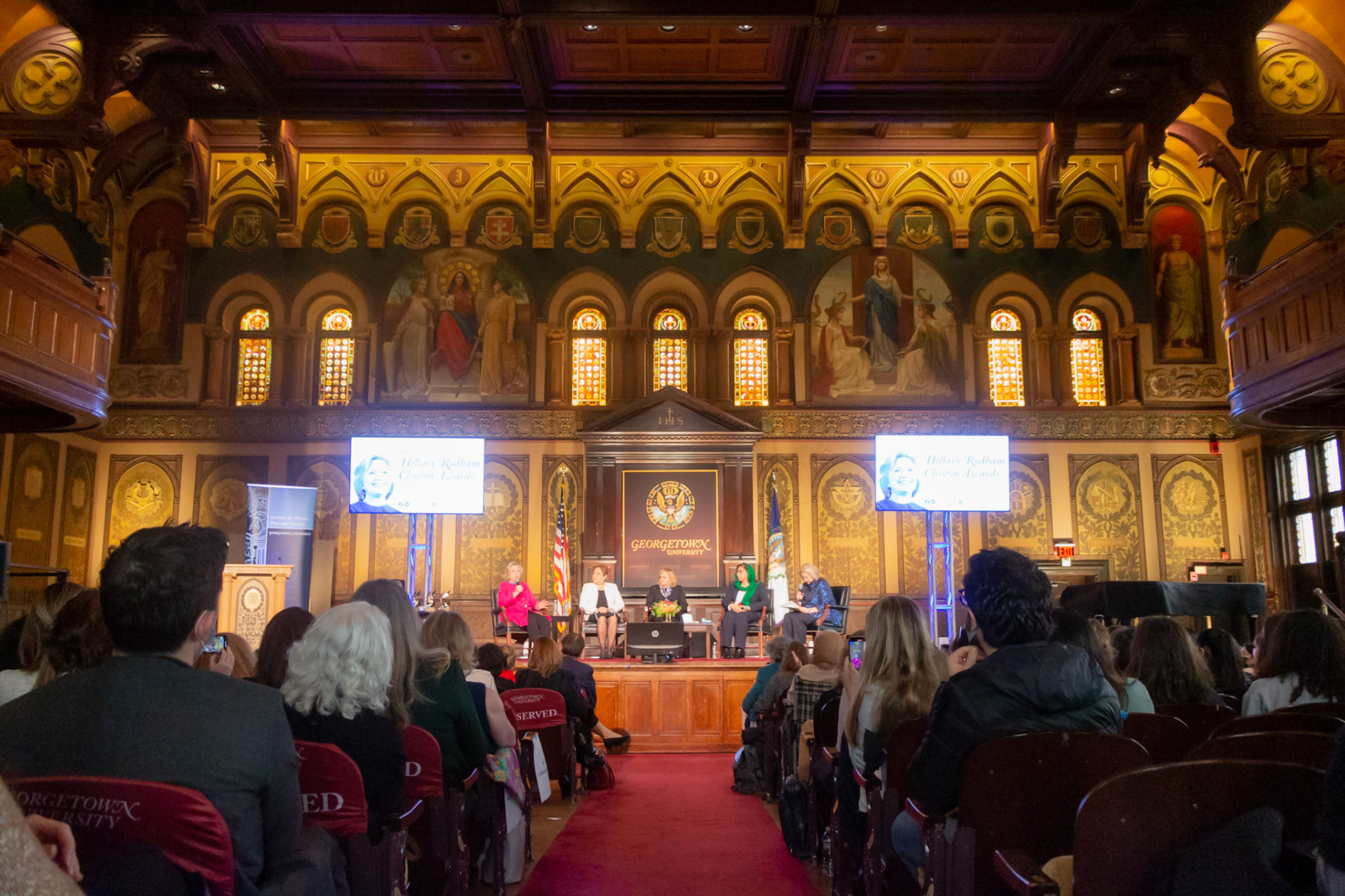 Hillary Clinton visited Georgetown University to award six women who had made contributions towards women's rights. The ceremony took place in the historic Gaston Hall. Taken as part of my job at the Georgetown University School of Foreign Service's communications office.