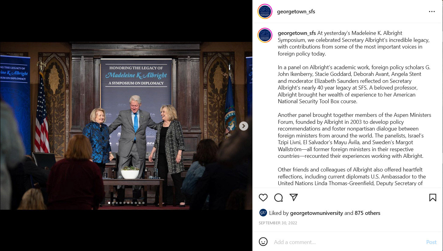 Former President of the United States Bill Clinton and former Secretary of State Hillary Clinton addressed Georgetown University in Gaston Hall as part of an event honoring the legacy of former Secratary of State Madeleine Albright. Taken as part of my job with Georgetown University School of Forein Service's communications office.