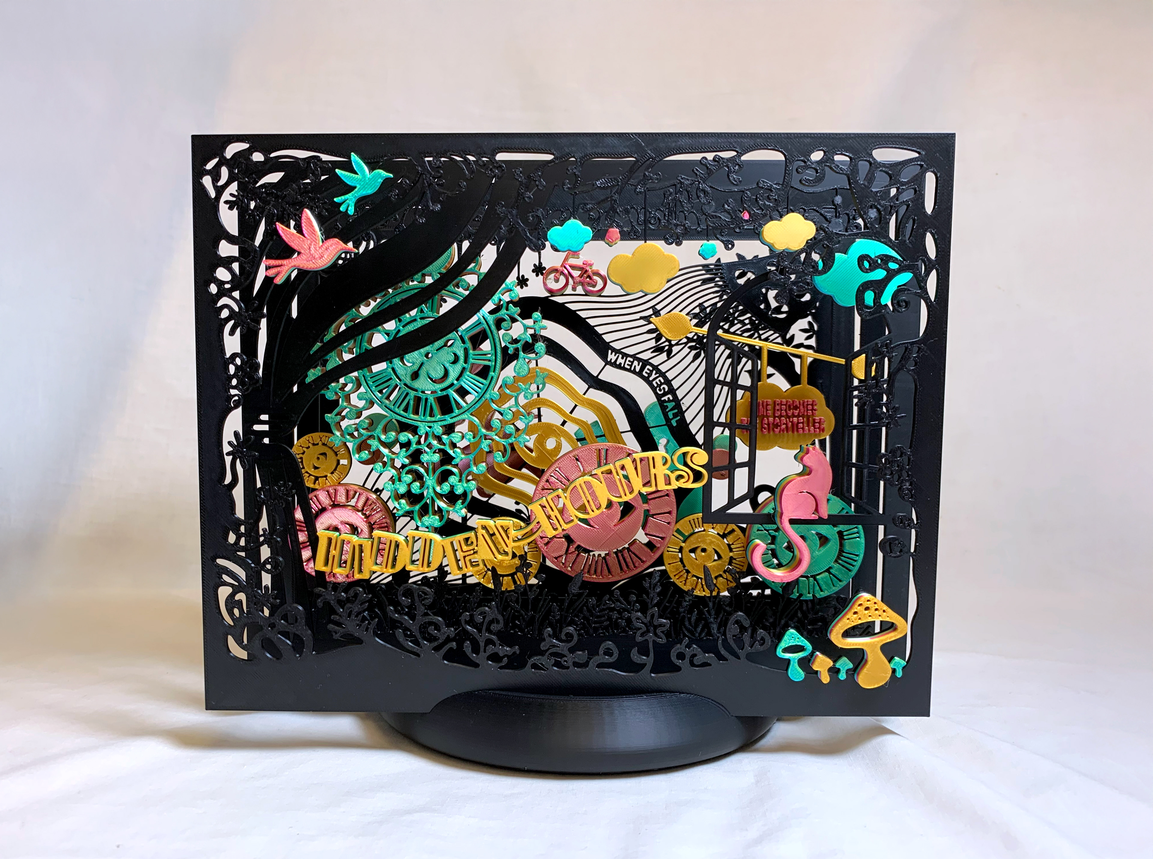 Hidden Hours–Black (3D-Printed Tunnel Book, 2025)