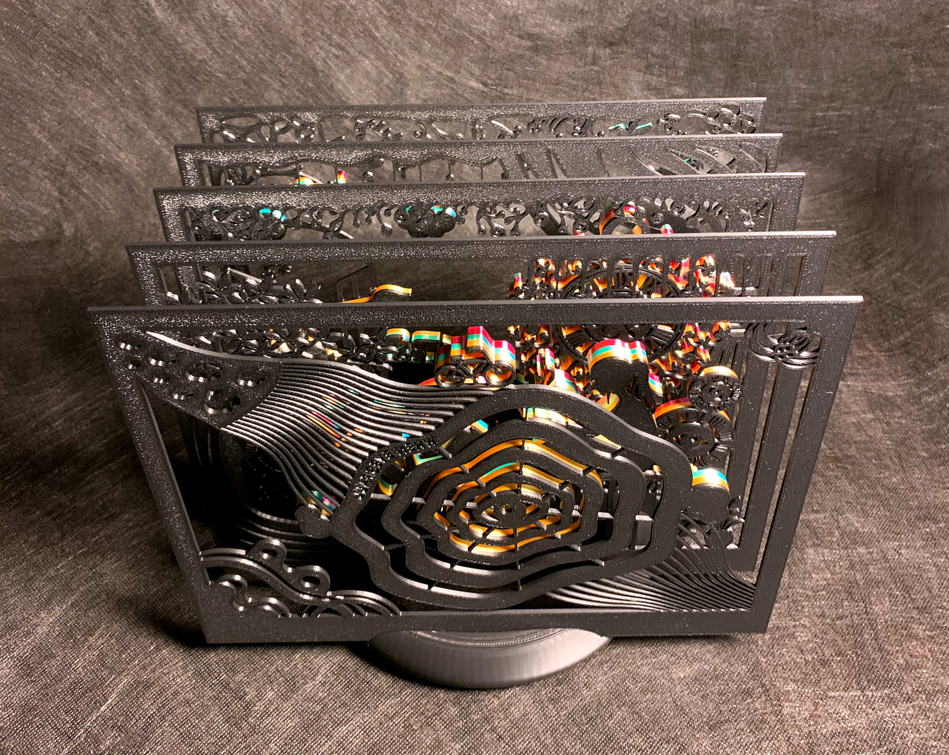 Hidden Hours–Black (3D-Printed Tunnel Book, 2025)