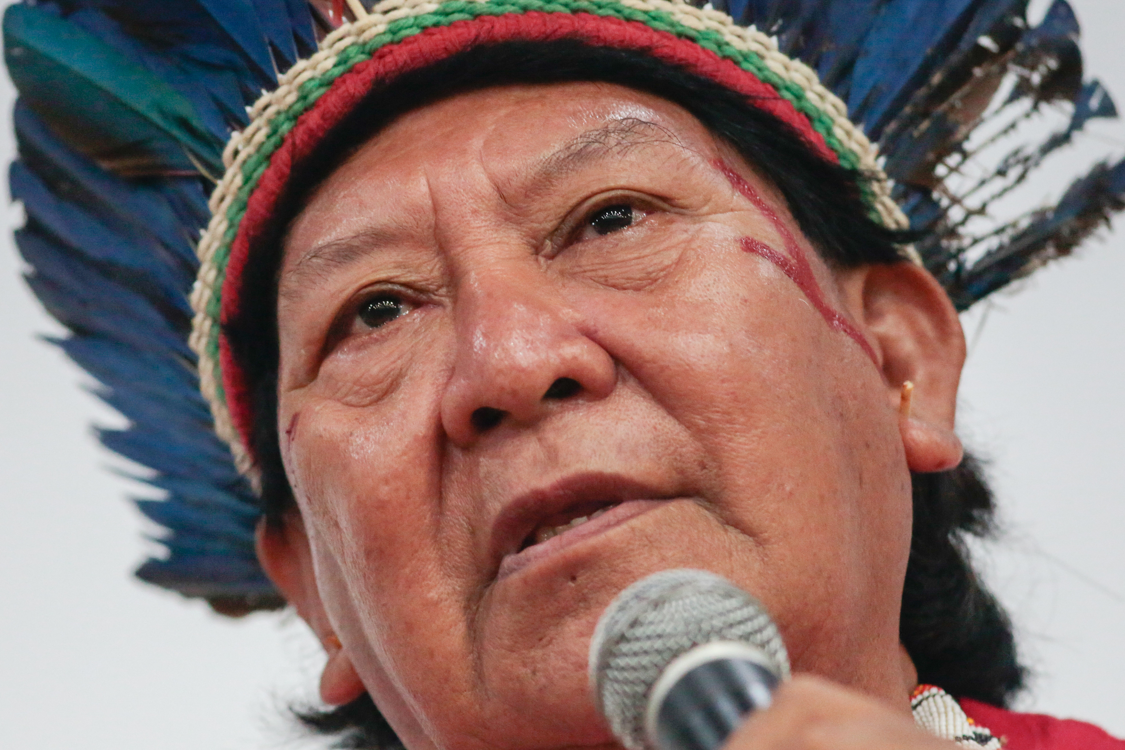 Davi Kopenawa Yanomami, one of today's most internationally recognized indigenous leaders, during an academic event in 2025 at the Federal University of Amazonas (UFAM) campus in Manaus, capital of the state of Amazonas.  Photo: AGIF/Suamy Beydoun