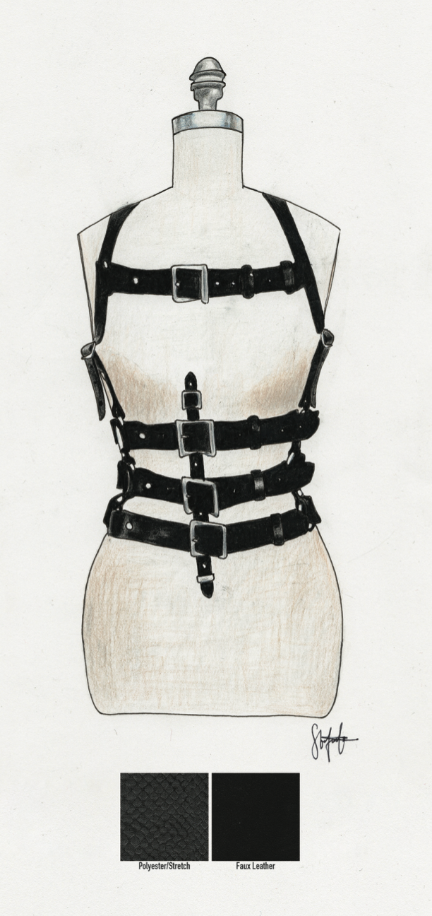 As part of my collection, I created 3 accessories: a leather glove, a leather body harness, and a leather bag. Mediums used: prismacolor pencil and ultra thing sharpie marker.