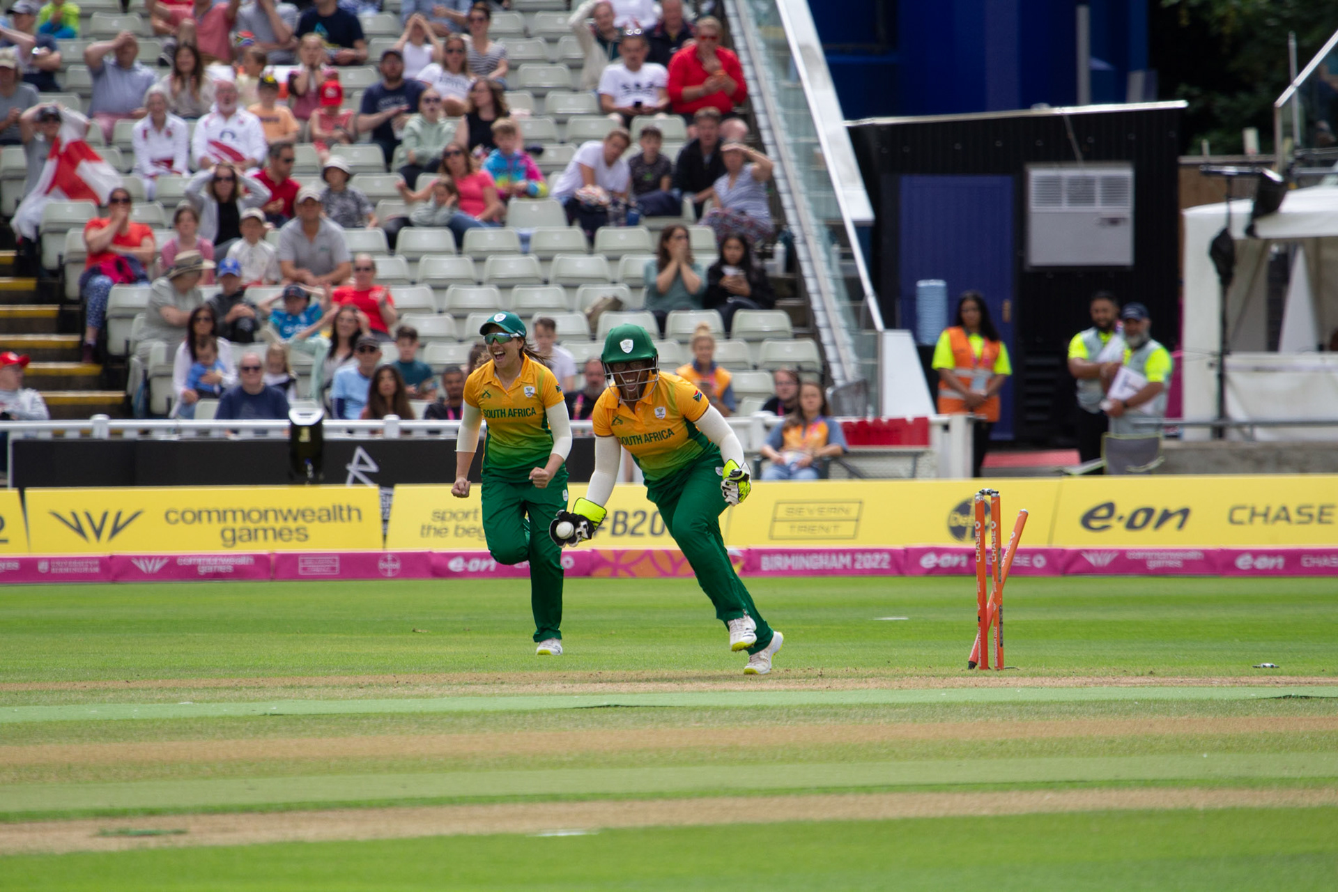 Sinalo Jafta celebrates running out Maia Bouchier at the Commonwealth Games
