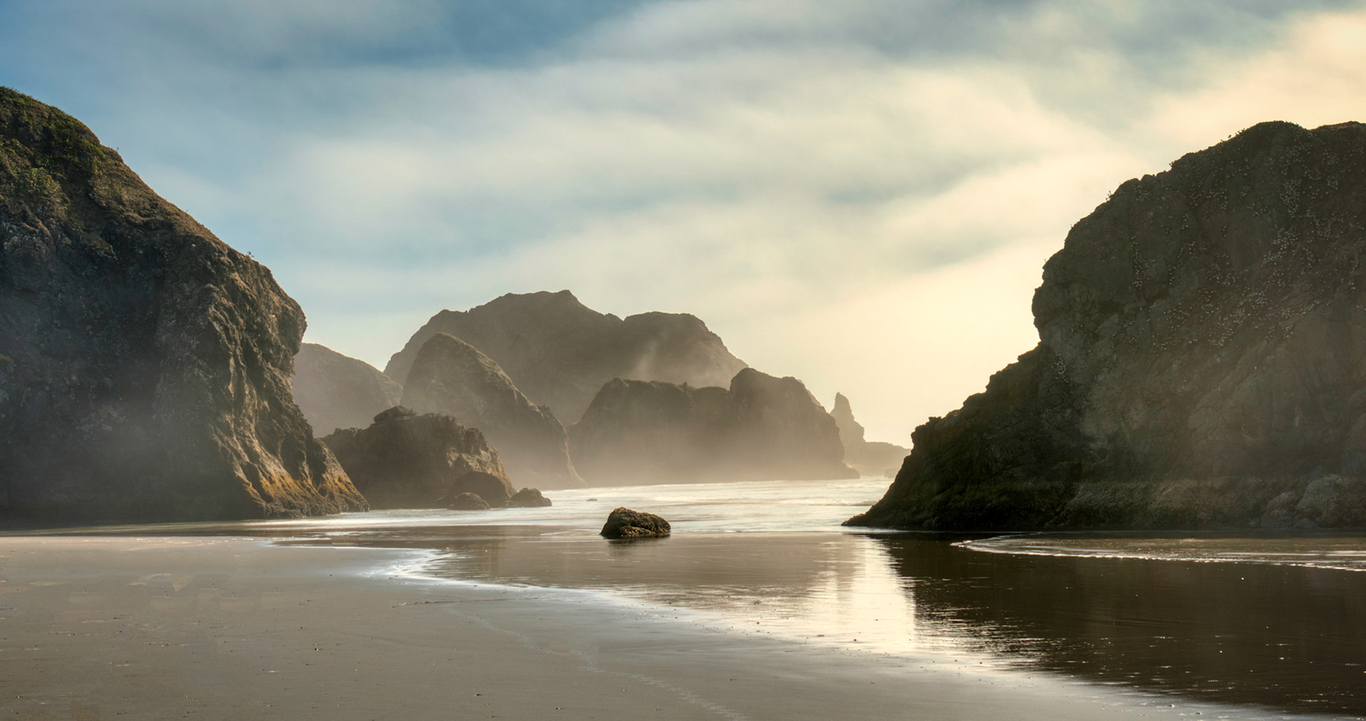 Fog over sea stacks