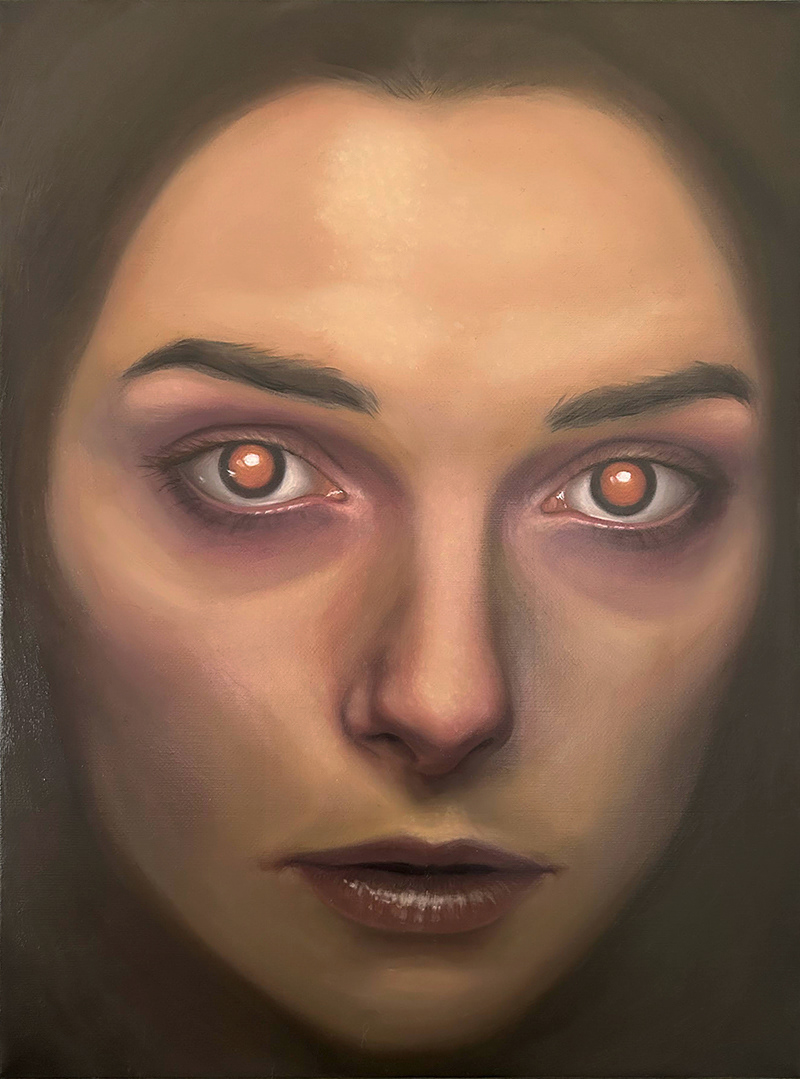 Oil painting of close up of feminine or human female face.