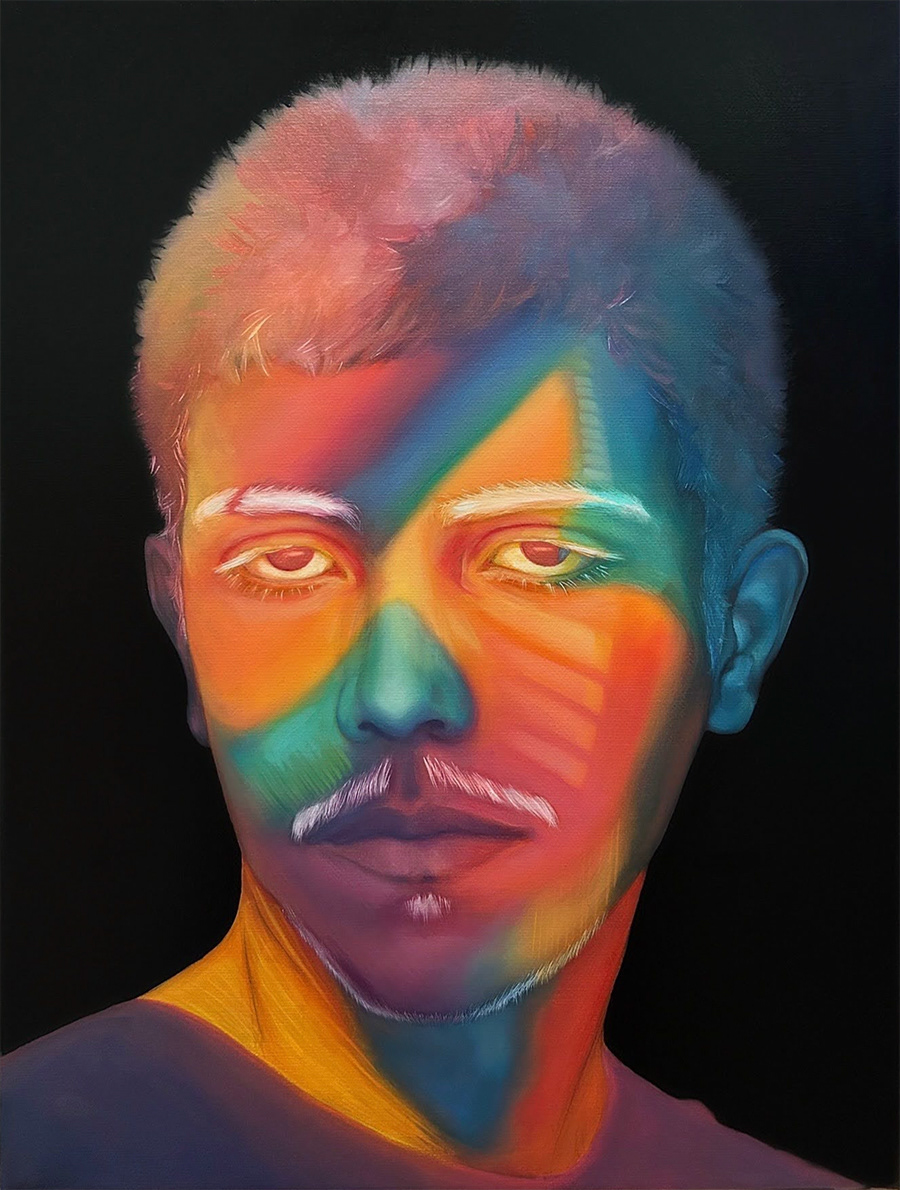 Oil painting ,portrait, of young man with stained glass colors across his face and neck. Painting name is Stained Glass, by J E MacMillan.
