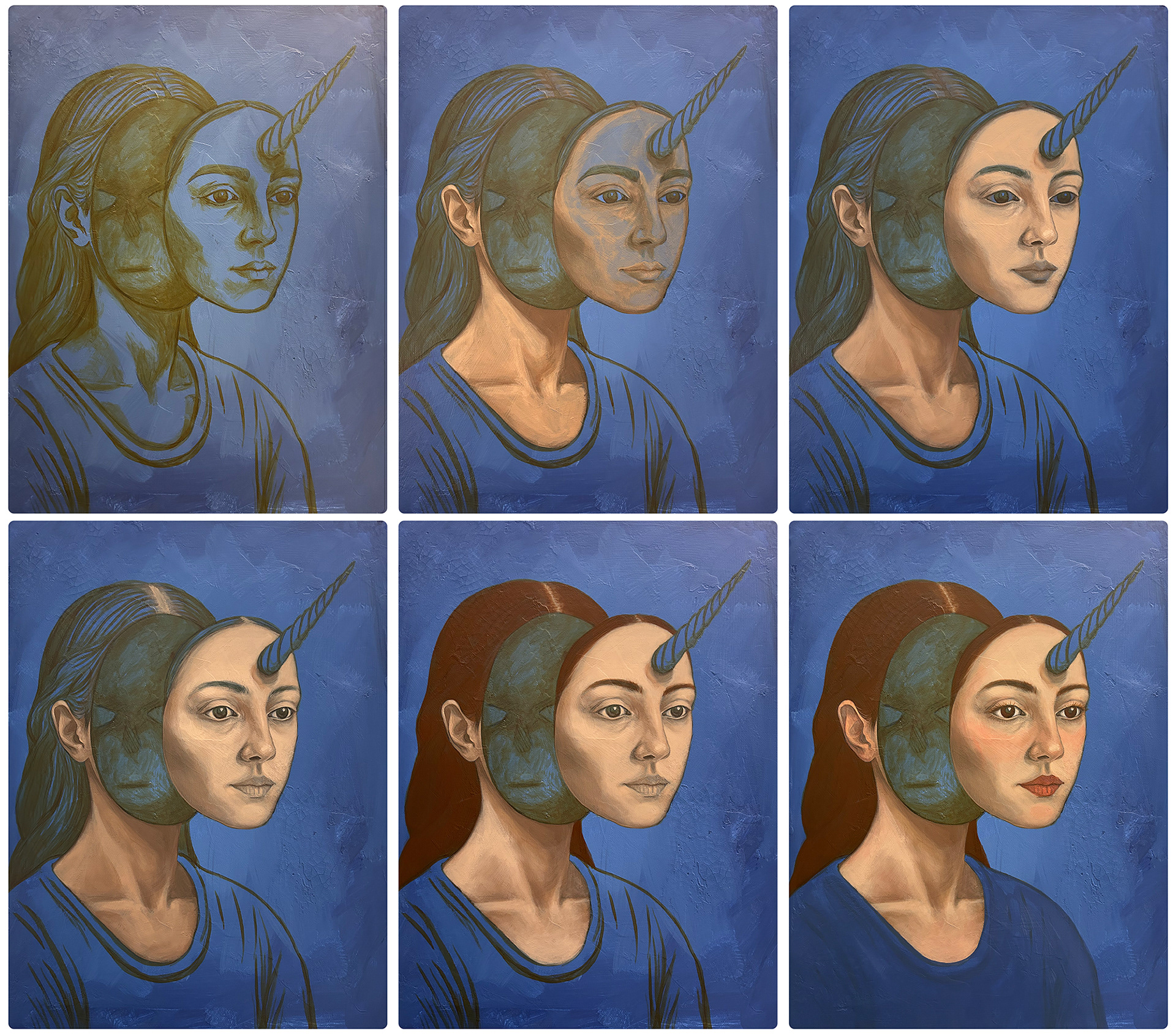 Image showing six progressive stages of painting, "Unicorn", a portrait style painting of a woman with a unicorn horn on her forehead.