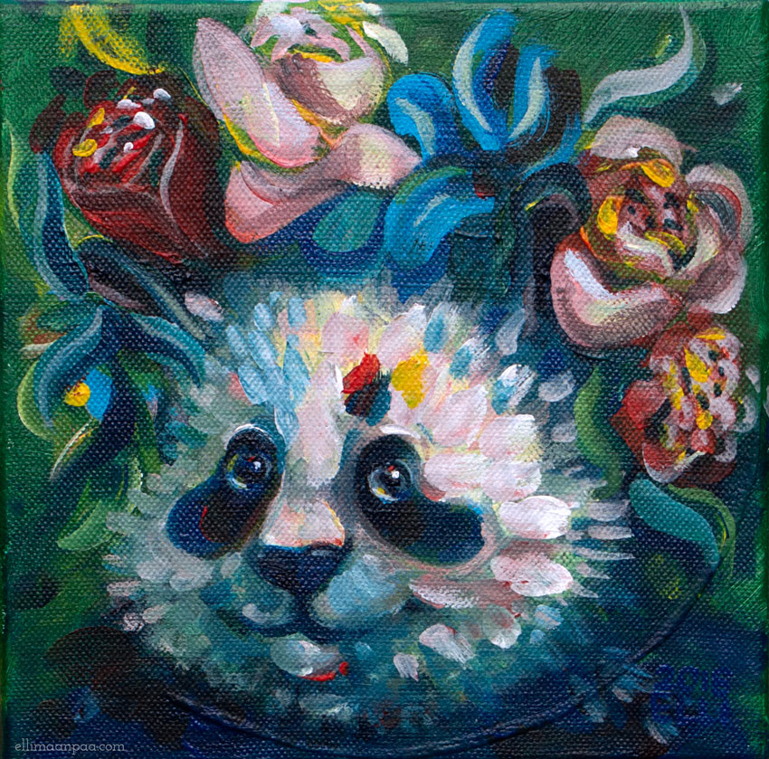 Vivid painting of a giant panda with colorful flower crown, part of Elli Maanpää’s art poster collection for wall art.