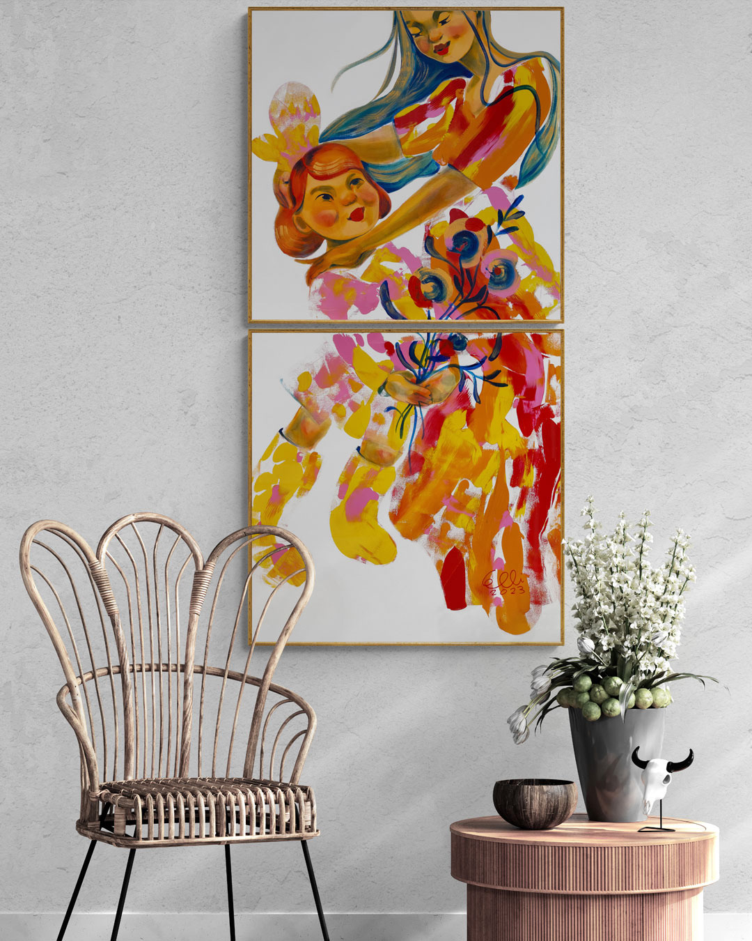 Depicts a girl presenting a bouquet of flowers to her mother.