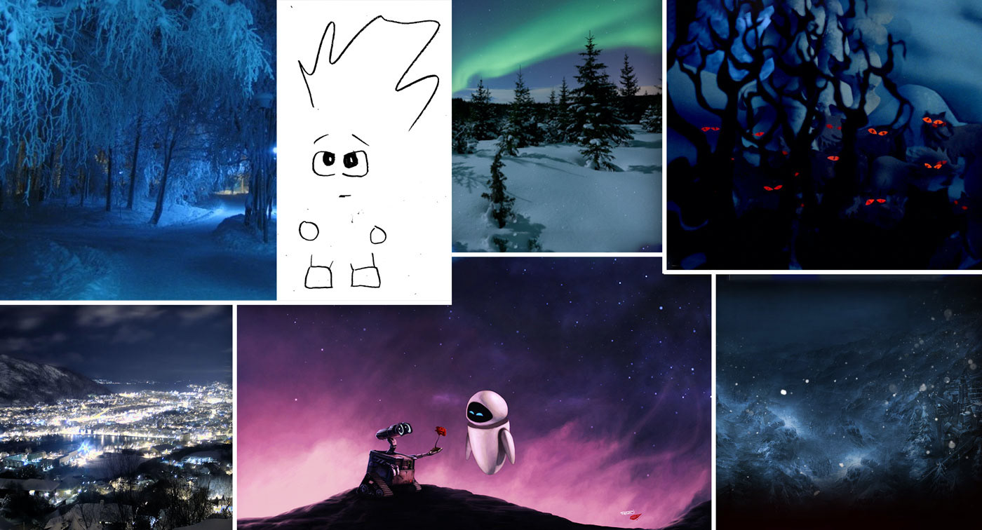 Moodboard for Pihka Is My Name character design, inspired by discussions with band members. Initial sketch by Lasse Turunen captures the essence of the envisioned character.