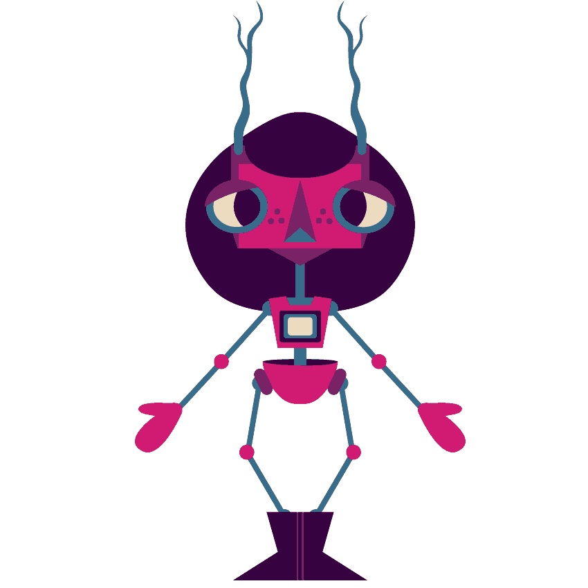 Turnaround of Pihka in final colors, without shading. Character design by illustrator Elli Maanpää, highlighting vibrant hues.