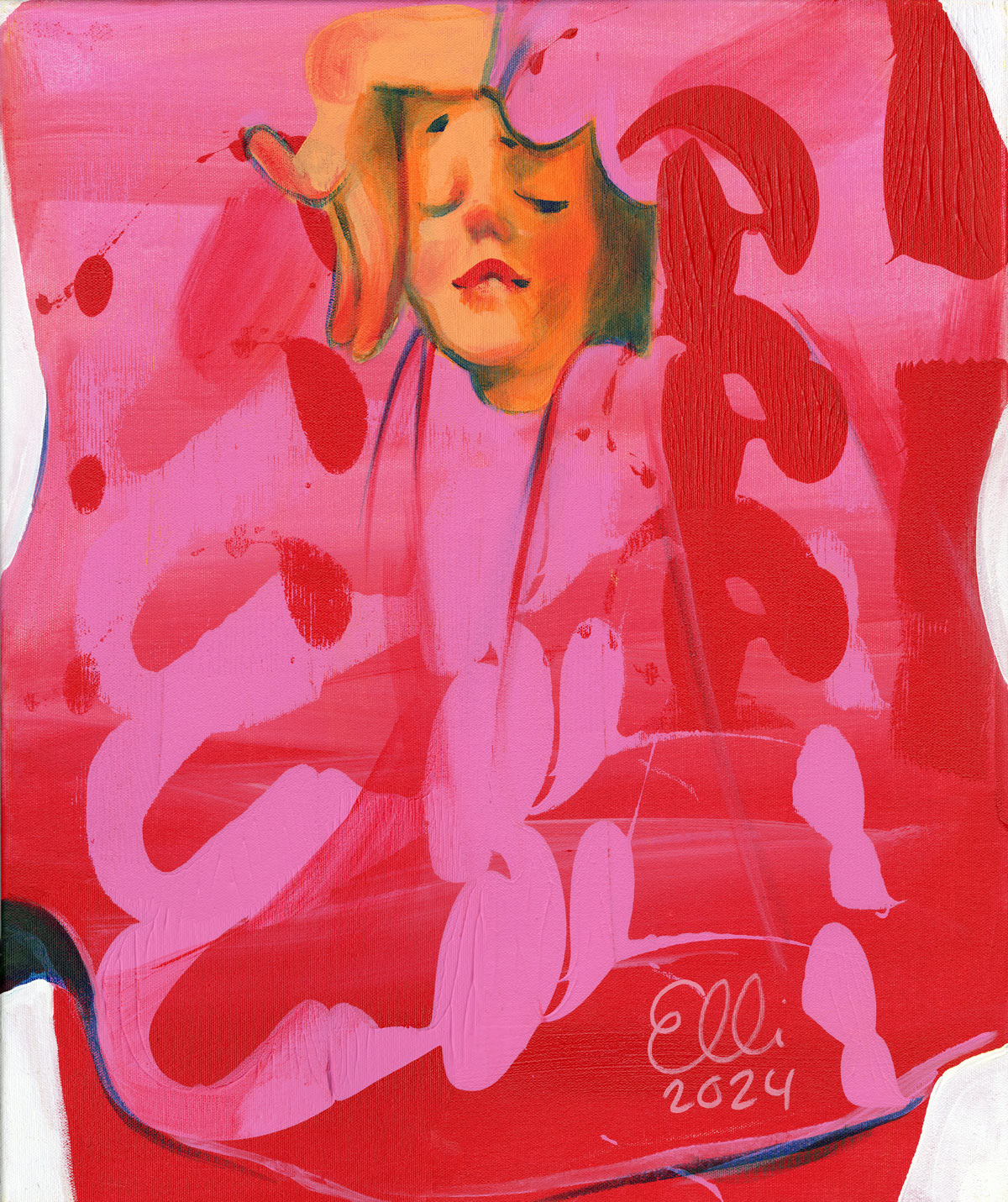 Figurative painting Self-Care by contemporary artist Elli Maanpää vibrantly explores the hues of pink and red, representing both passion and innocent love.