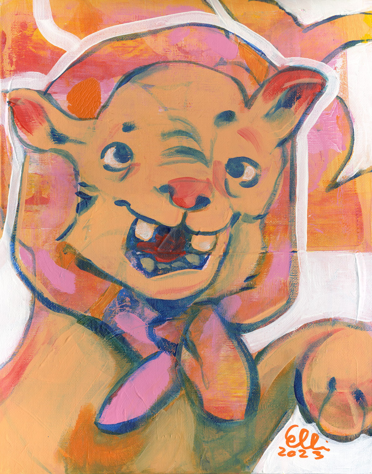 'Yay' is an animal painting by Elli Maanpää showcasing a lion cub gleefully adorned with a floral headscarf.