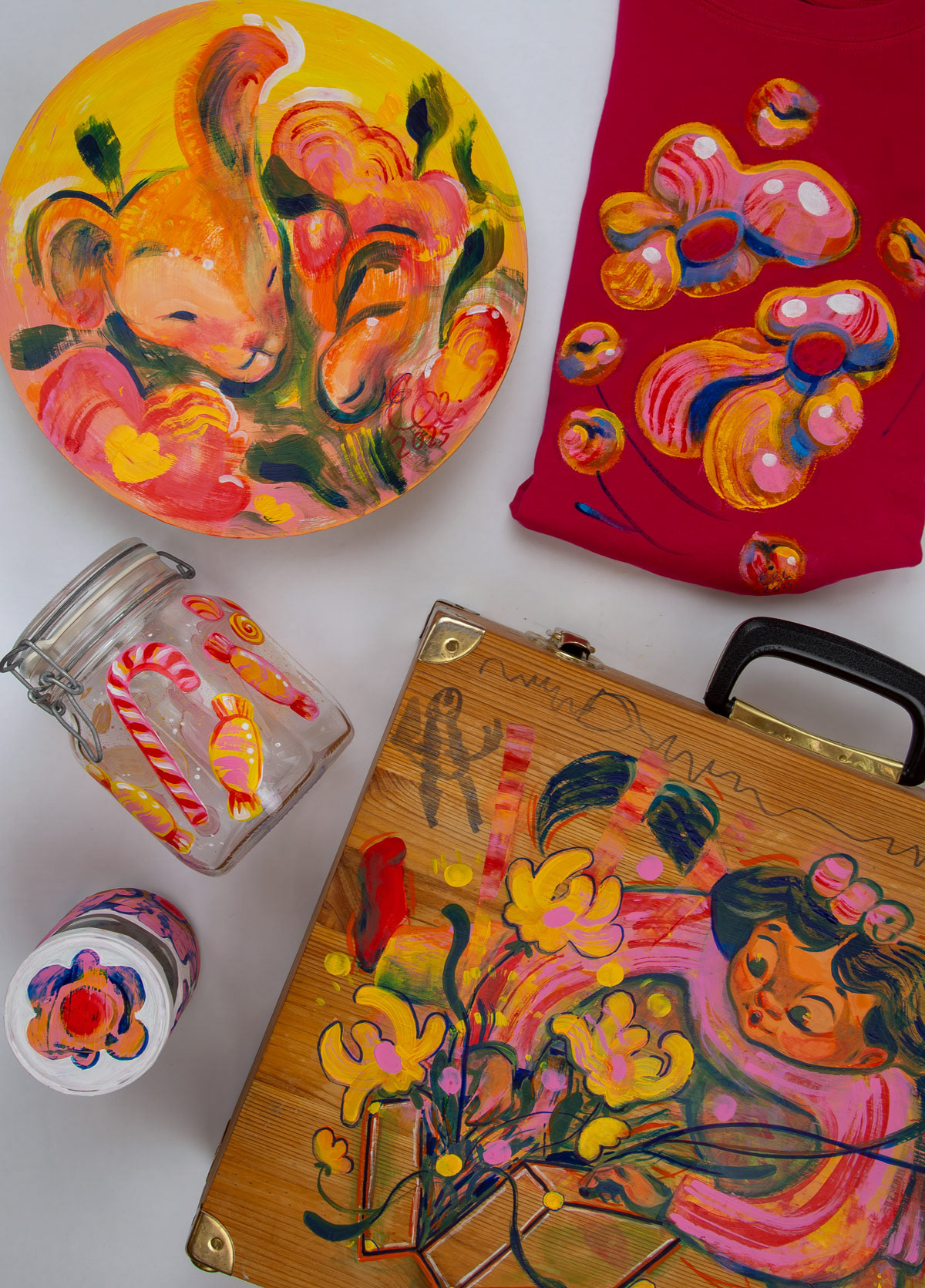 A collection of everyday items reimagined through acrylic paint. Art by Elli Maanpää.