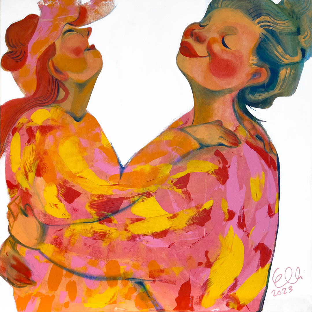 Experience the joy of friendship and laughter in the figurative painting "I love you" by female visual artist Elli Maanpää.