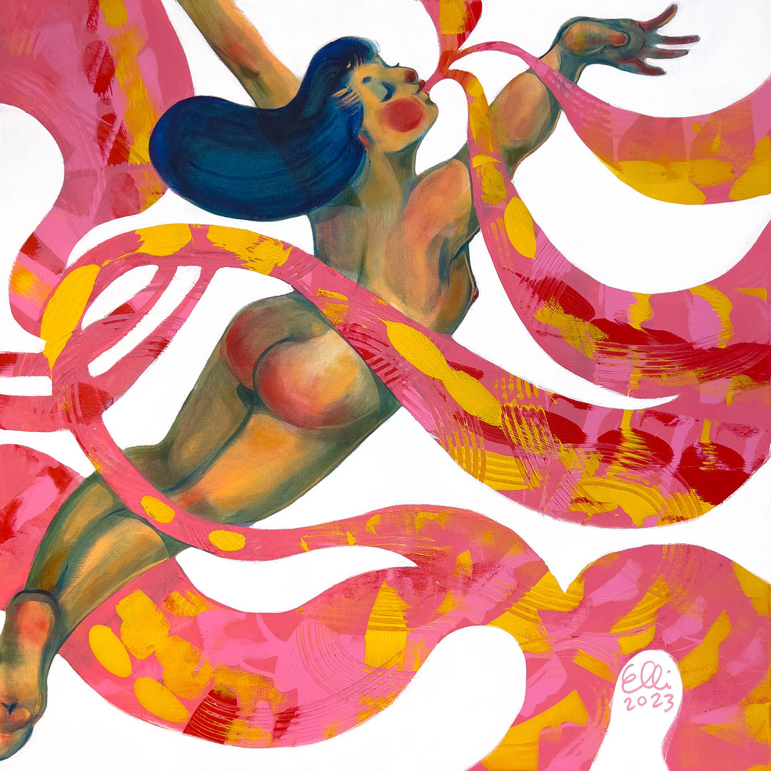 Experience the vibrant energy of 'Leap of Faith,' a figurative painting by contemporary artist Elli Maanpää.