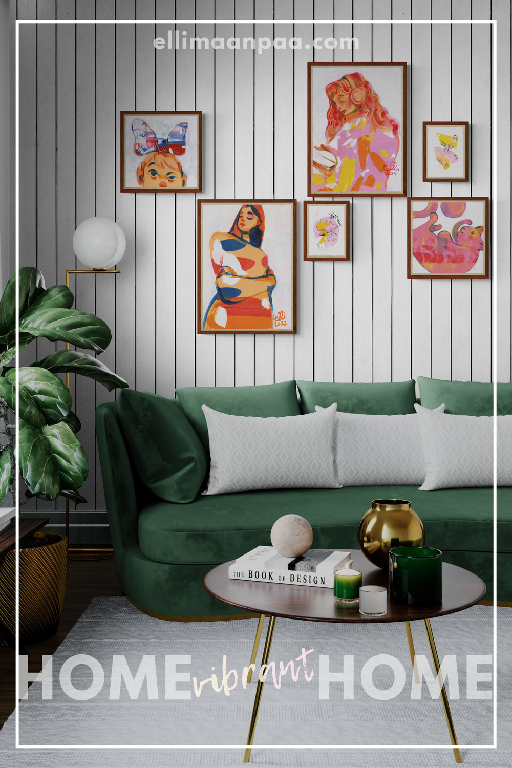 Instead of "Home Sweet Home" this photograph of a stylish living room is "Home Vibrant Home". In the white wood panel wall an arrangement of art posters from Elli Maanpää's Prints Shop.