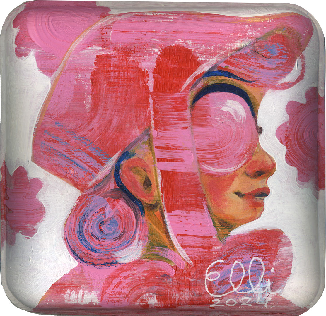Painting titled 'Muñeca: Sun Hat' by Elli Maanpää, depicting a doll-like figure wearing a sun hat on a bamboo plate.