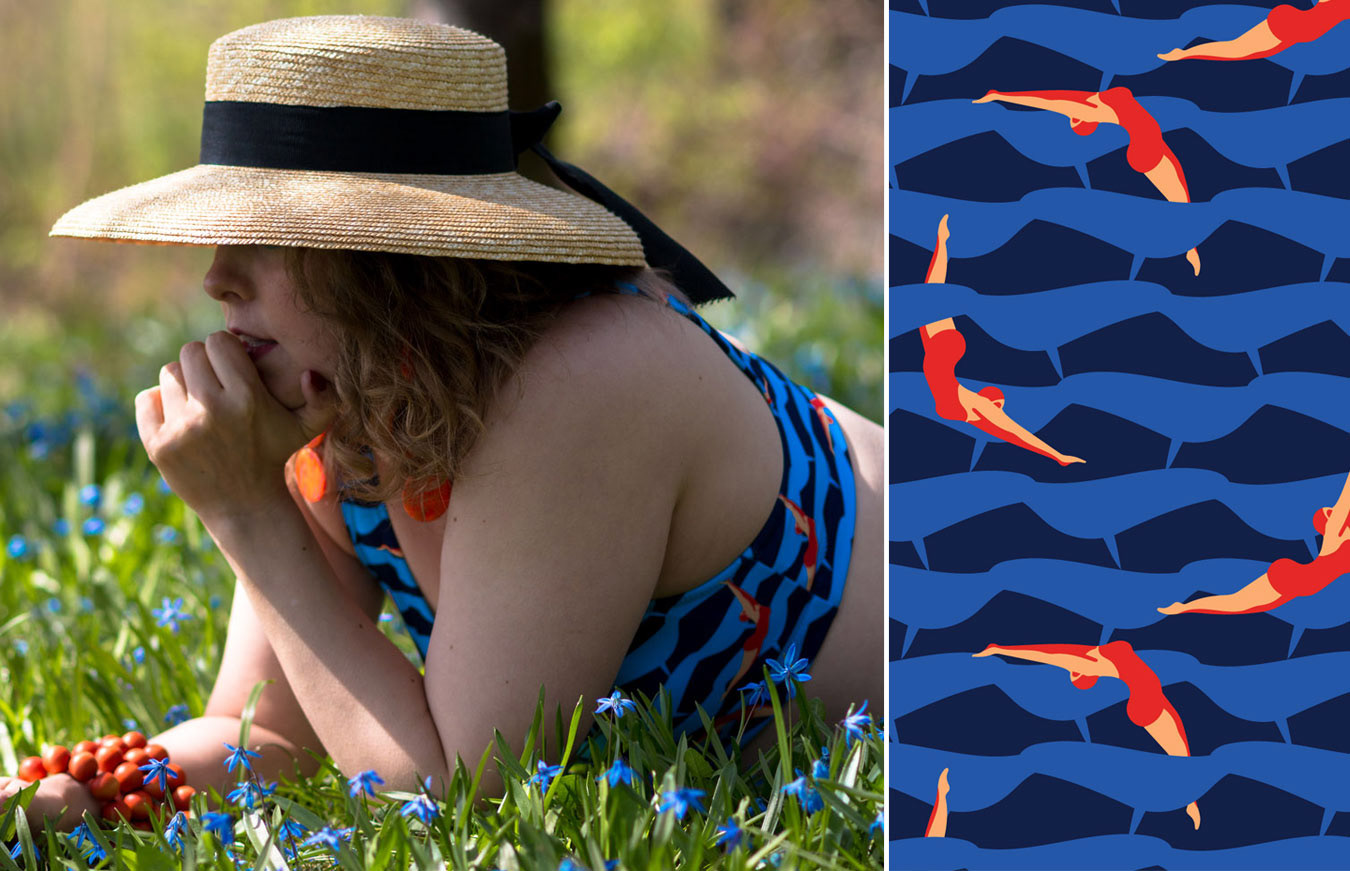 Terese Kühl exudes summer glamour in Elli Maanpää's Bikini Collection, highlighting the designer's intricate pattern designs and vibrant surface illustrations.