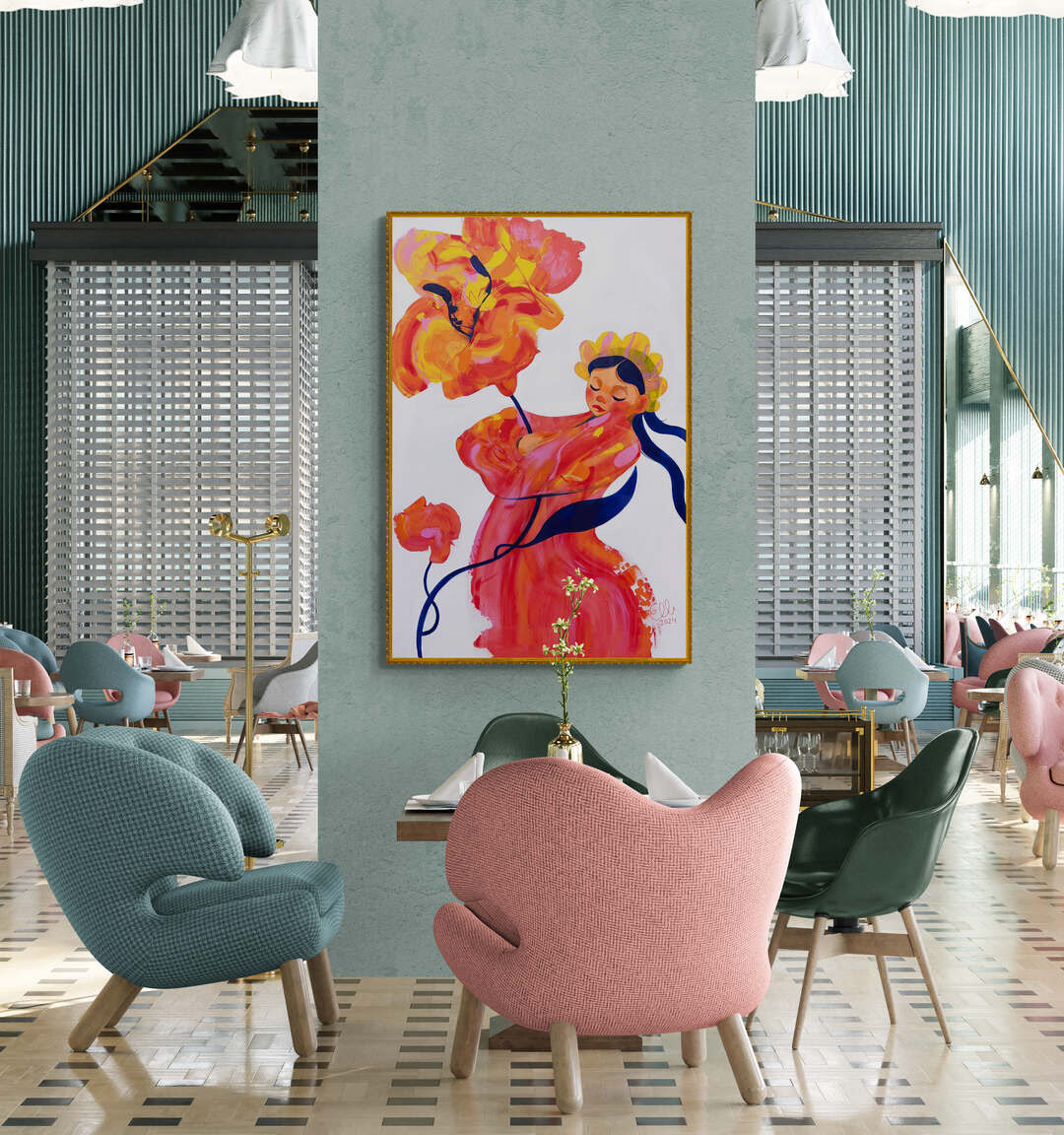 "Flowerhugger" is a vibrant figurative painting by visual artist Elli Maanpää.