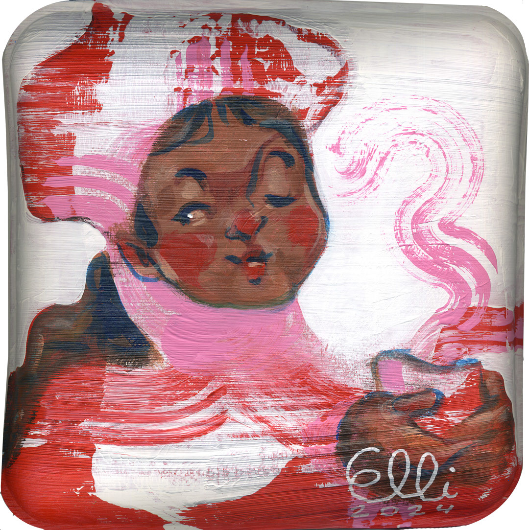 Painting titled 'Muñeca: A Cup of Warmth' by Elli Maanpää, showing a doll-like figure holding a cup on a bamboo plate.