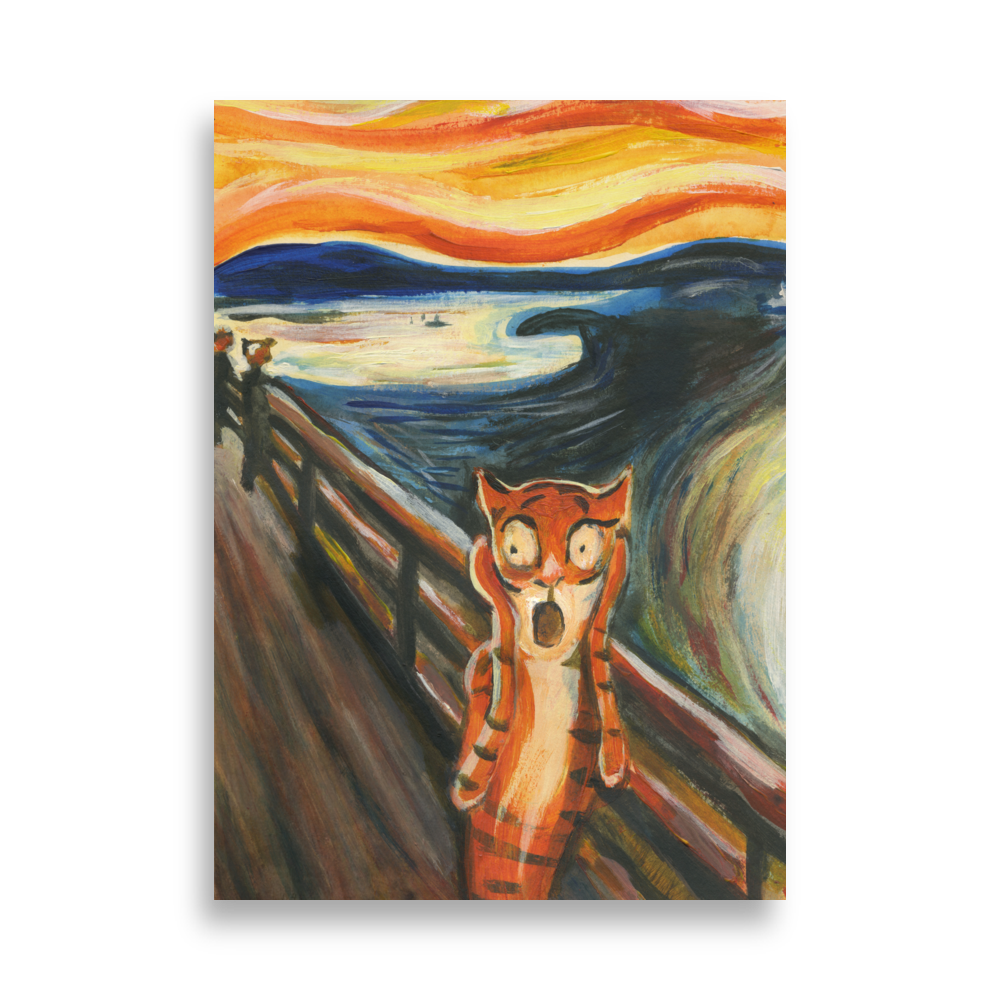 Art poster illustrating a tiger in the style of Munch's 'The Scream,' integrating classic art with tiger imagery.