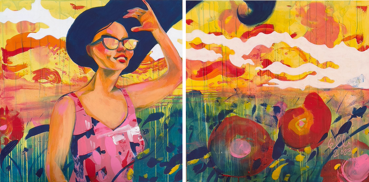 This summery figurative painting captures a smiling woman amidst a vibrant flower-filled meadow, reflecting the brilliance of a sunset. Experience the carefree spirit of summer with 'To Summer Meadow' by visual artist Elli Maanpää.