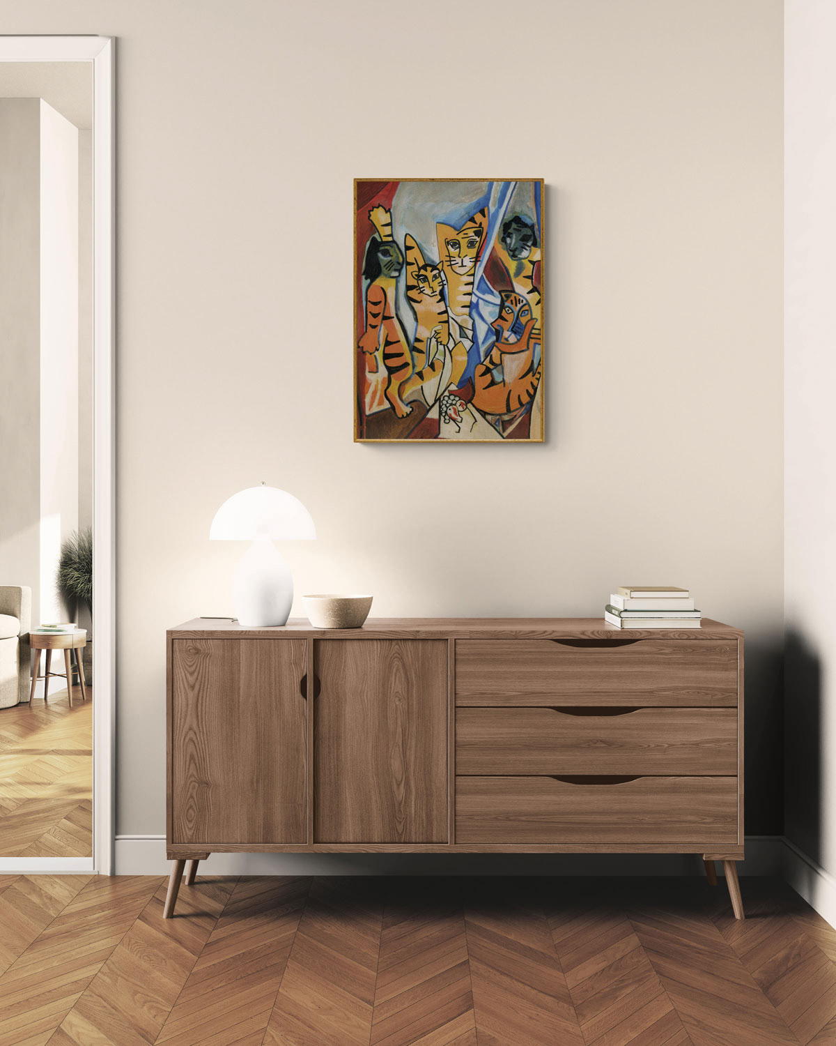 Framed Les Tigresses d'Avignon art poster displayed in a contemporary living room, showcasing the fusion of classic Cubist art with tiger themes.