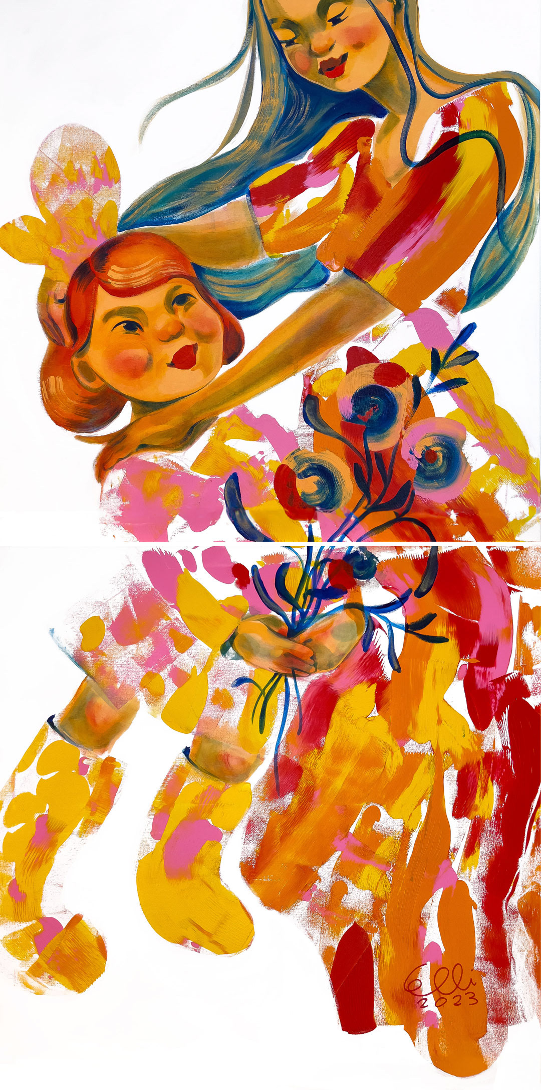 Vibrant figurative painting titled "Flowers for Mom" by Finnish visual artist Elli Maanpää. Depicts a girl presenting a bouquet of flowers to her young mother.