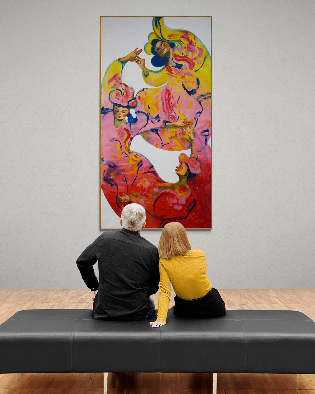 A mockup of The Three Graces by Elli Maanpää in a gallery setting, emphasizing the large size and expressive details of the painting.