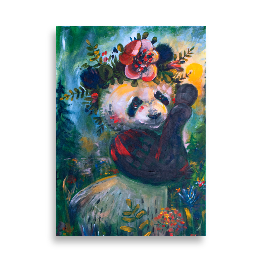 Colorful summer-themed art print featuring a giant panda in a Finnish forest with lush greenery and sunlight, perfect for Nordic home wall art.