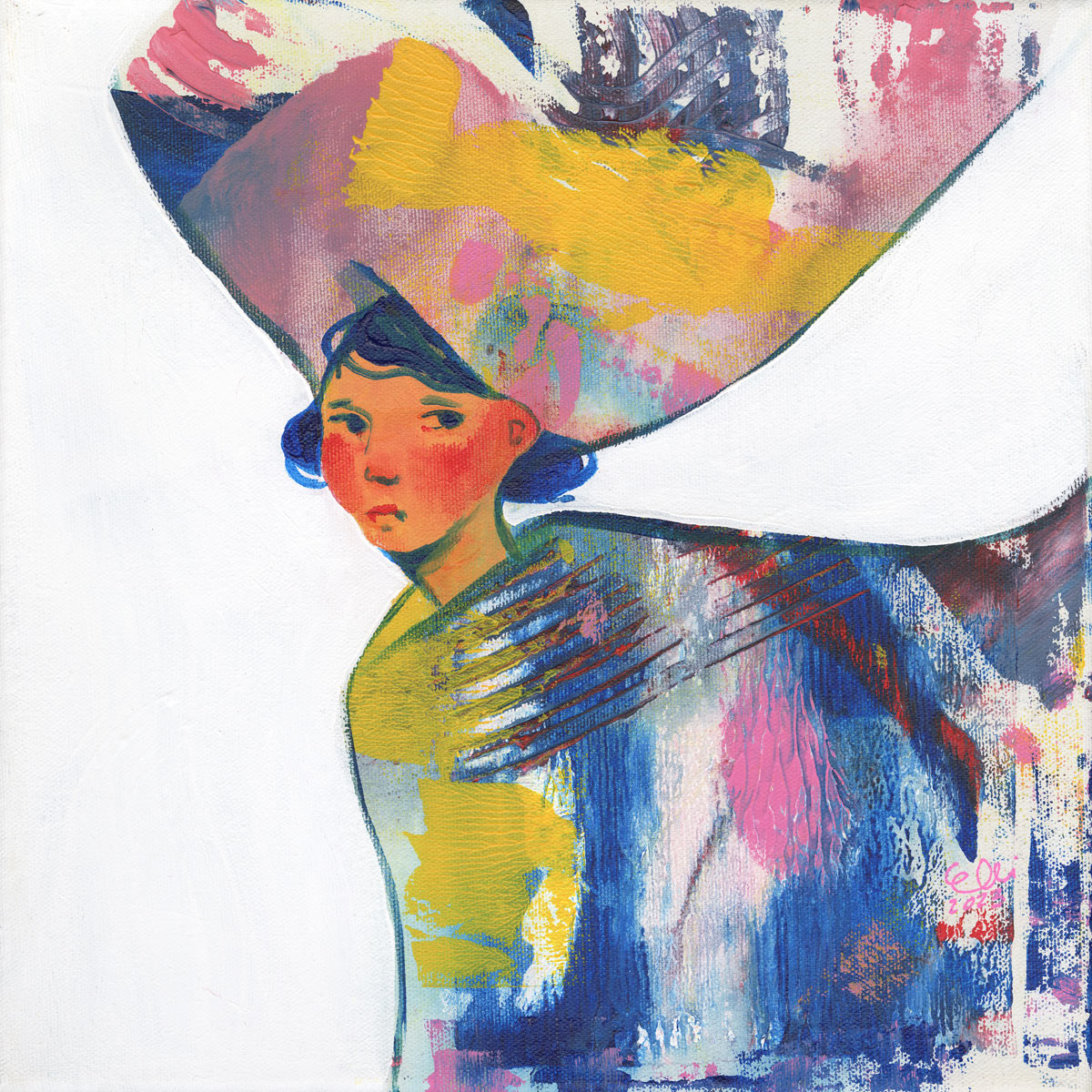 'Call of Duty' is a figurative painting by Finnish artist Elli Maanpää, blending abstract elements with visual storytelling.