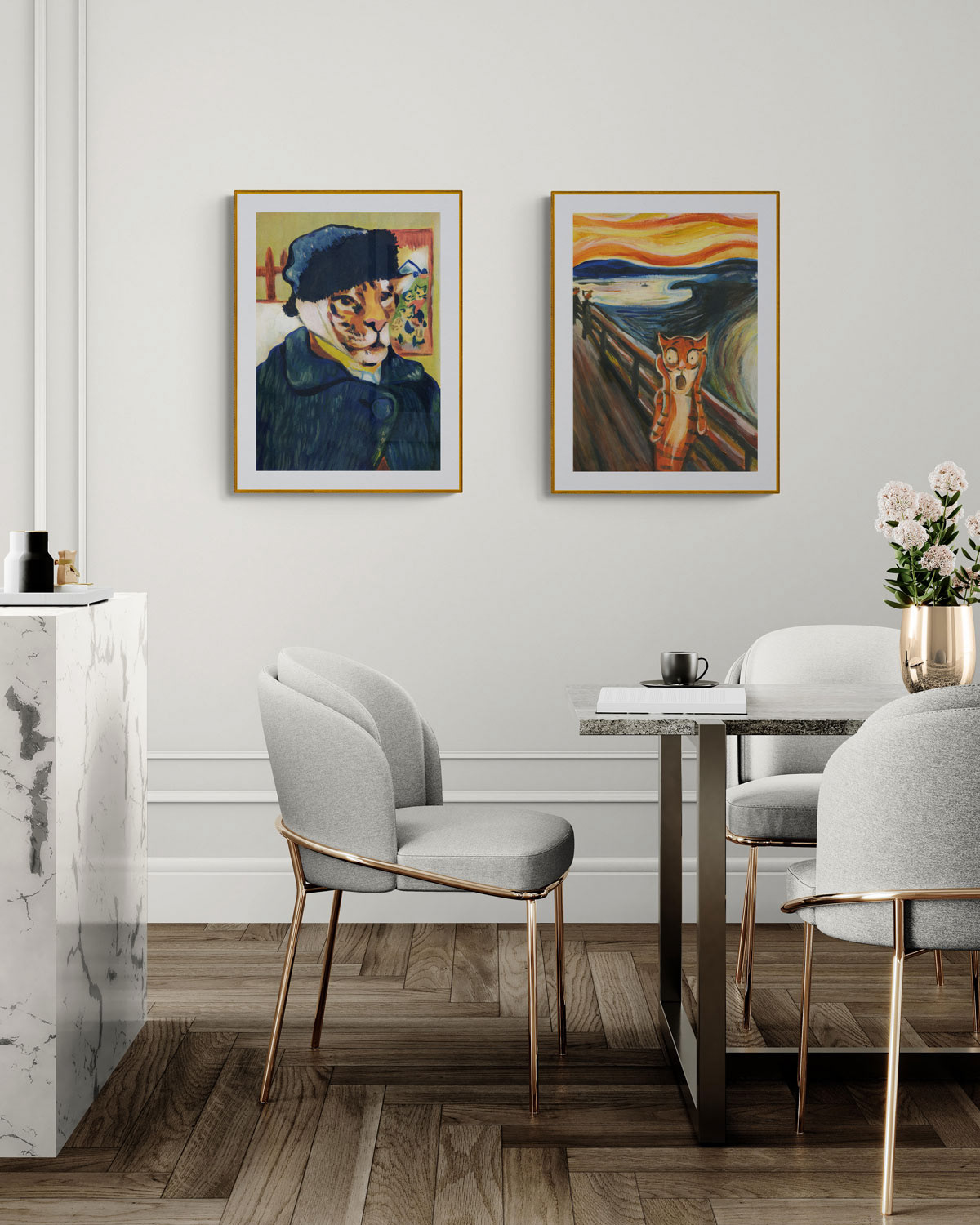 Framed art posters of The Scream of a Tiger and The Tiger Van Gogh displayed in an elegant dining room with a wooden table and minimalistic decor, showcasing unique Nordic wall art.