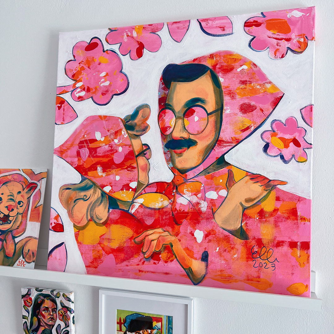 Artwork titled 'Summer Waltz' by Elli Maanpää, featuring a couple dancing gracefully amidst vibrant flowers. The warm colors evoke a sense of summer joy and romance.