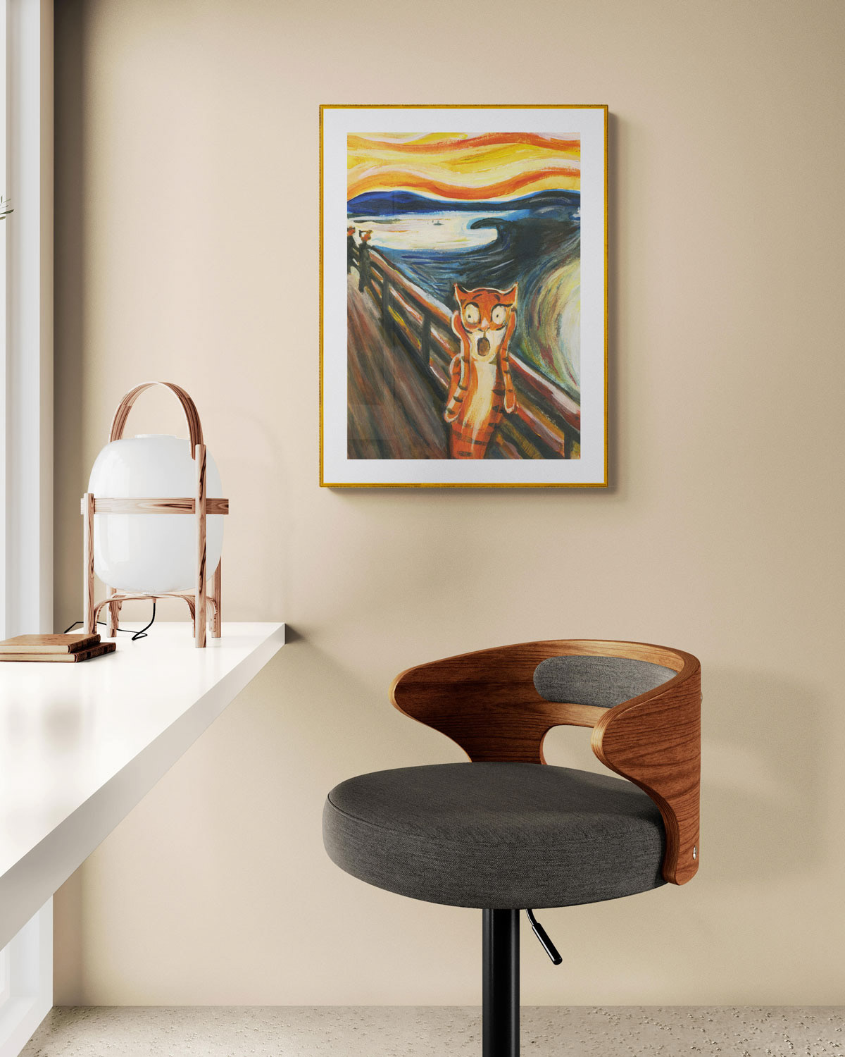 Framed The Scream of a Tiger art poster featured in a stylish space, illustrating the integration of classic Expressionist art with tiger imagery.