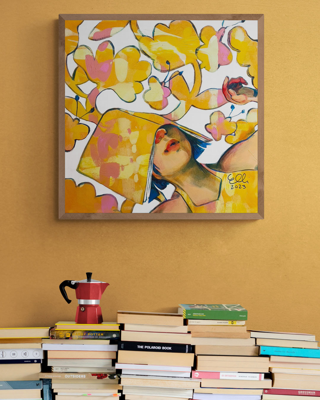 Admire 'Reading Holiday' by Elli Maanpää: a woman napping under a book in warm yellow hues.
