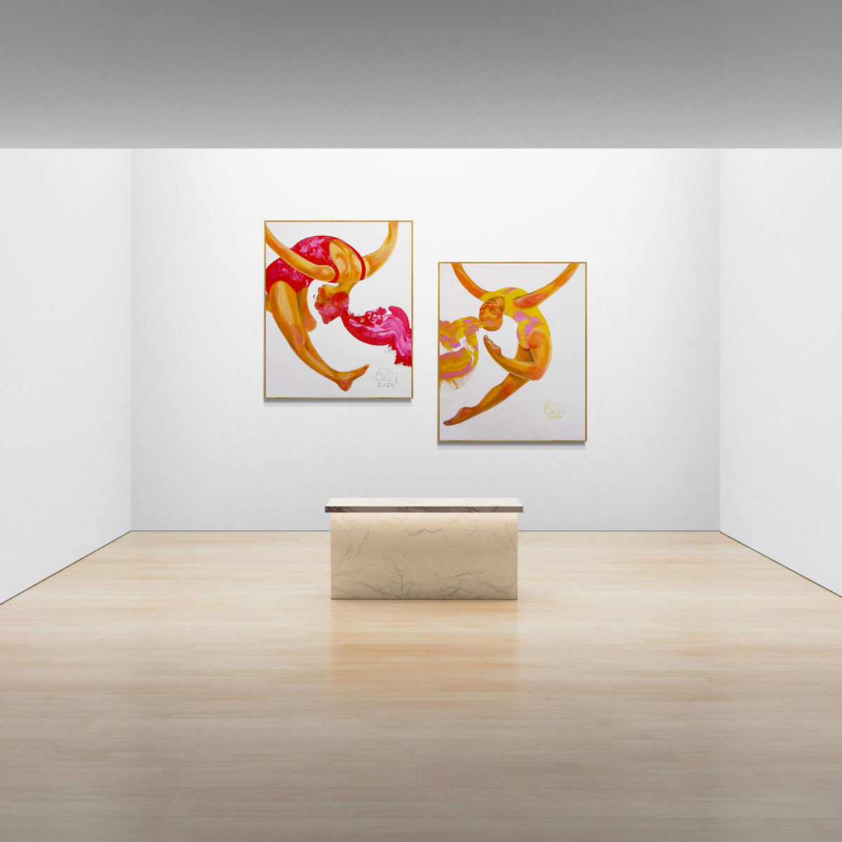 Sister -paintings Sunlit and Heartbeat together as a diptych in a white gallery setting. Contemporary painting from Finland by Elli Maanpaa.