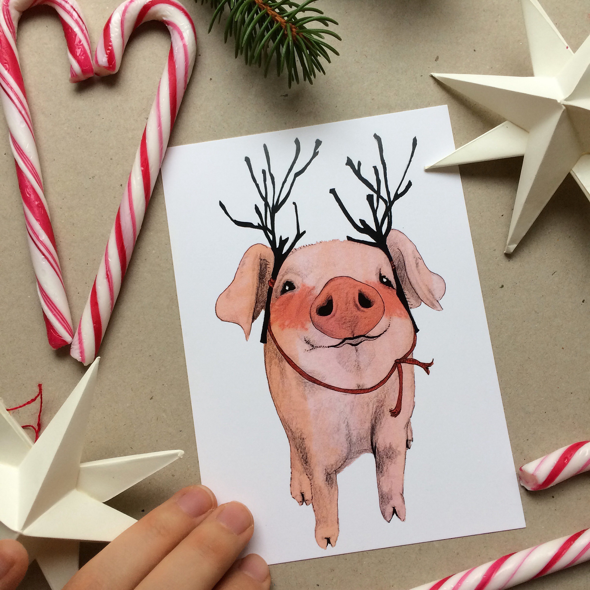 A festive hand-drawn illustration of a piglet wearing reindeer antlers, created for the Paletti Christmas collection.
